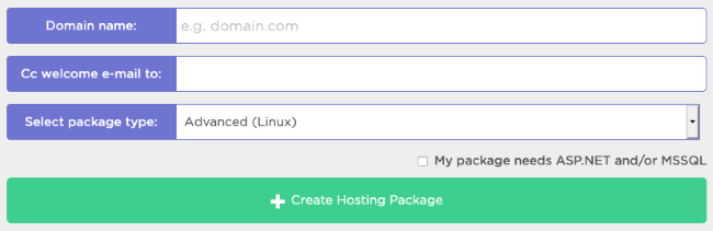 Screenshot of the Create Hosting Package page, with the fields you need to complete