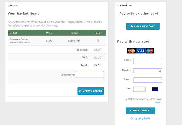 Screenshot of our shopping basket, with the new Stripe payment gateway.