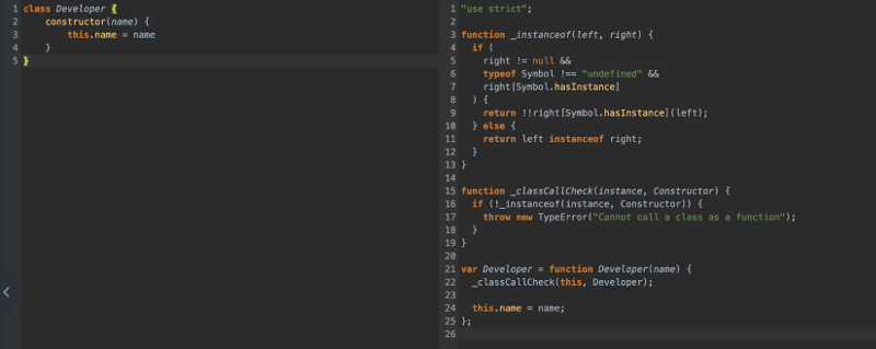 Screenshot of Babel showing the JavaScript class syntax making it cleaner.