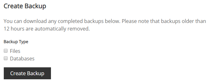 Screenshot of the Create Backup section of the Backup/Restore page, showing the type of website backup you can take.