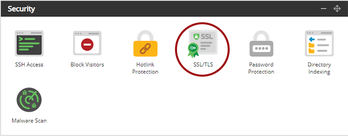 Screenshot of the Security section of the Hosting Control Panel with SSL/TLS indicated by a red circle.