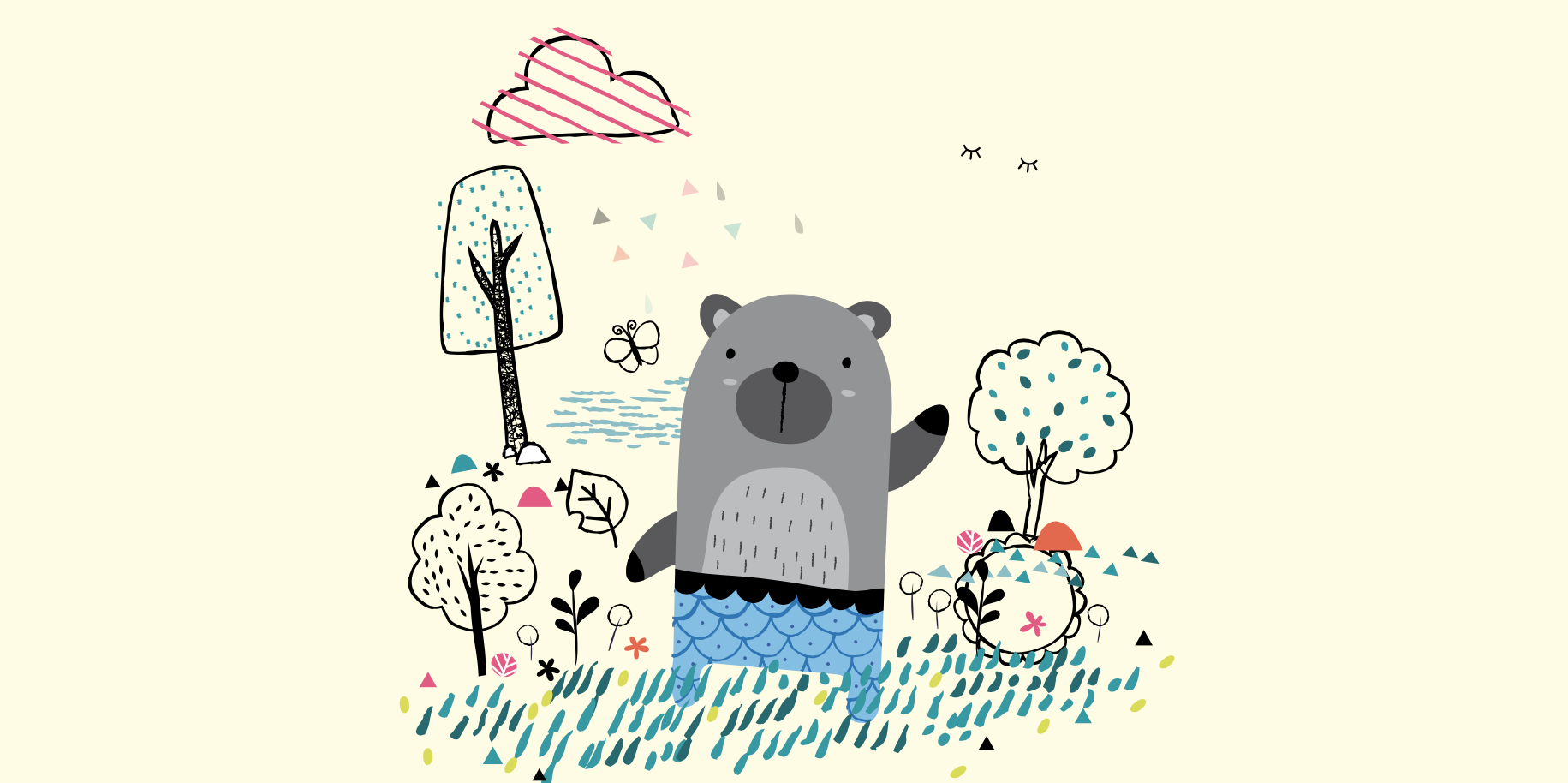 drawing of a bear in a garden by elsystudio, which Patrick Heng animated in CodePen