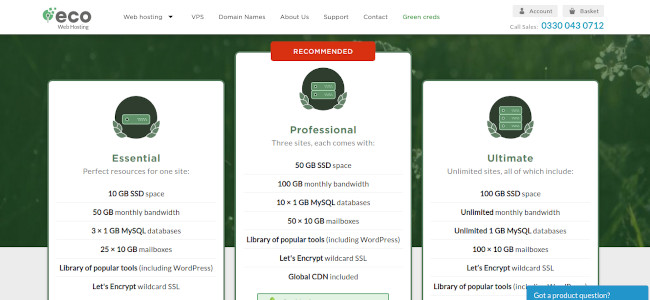 Screenshot of the Web Hosting page