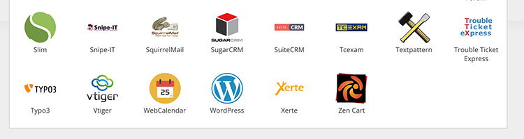 Screenshot of the bottom two rows of the one-click installers in your control panel, with WordPress in the center of the bottom row.