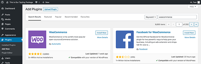 Screenshot of the WordPress Add Plugins page, with WooCommerce at the top.