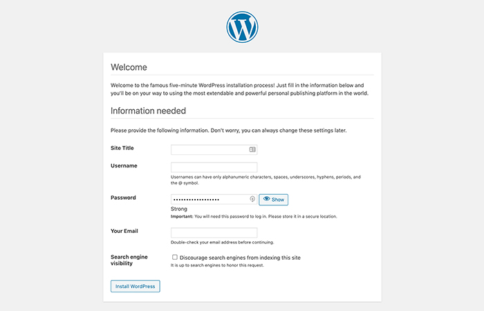 Screenshot of the WordPress installation screen