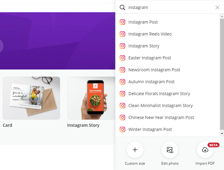 Screenshot of Canva showing how the possible templates for an Instagram post.