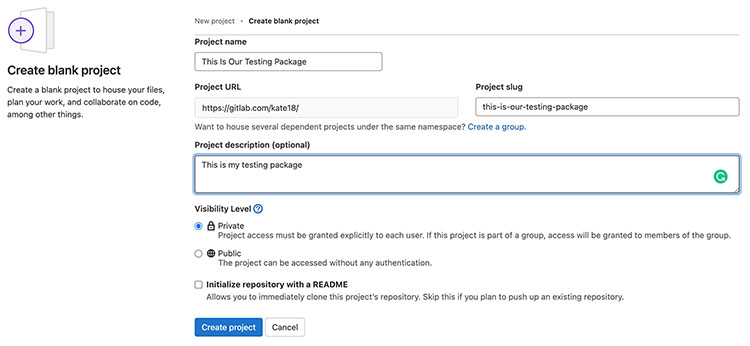 Screenshot of the Create Blank Project screen in GitLab.