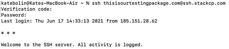 Screenshot of the SSH login in a terminal window.
