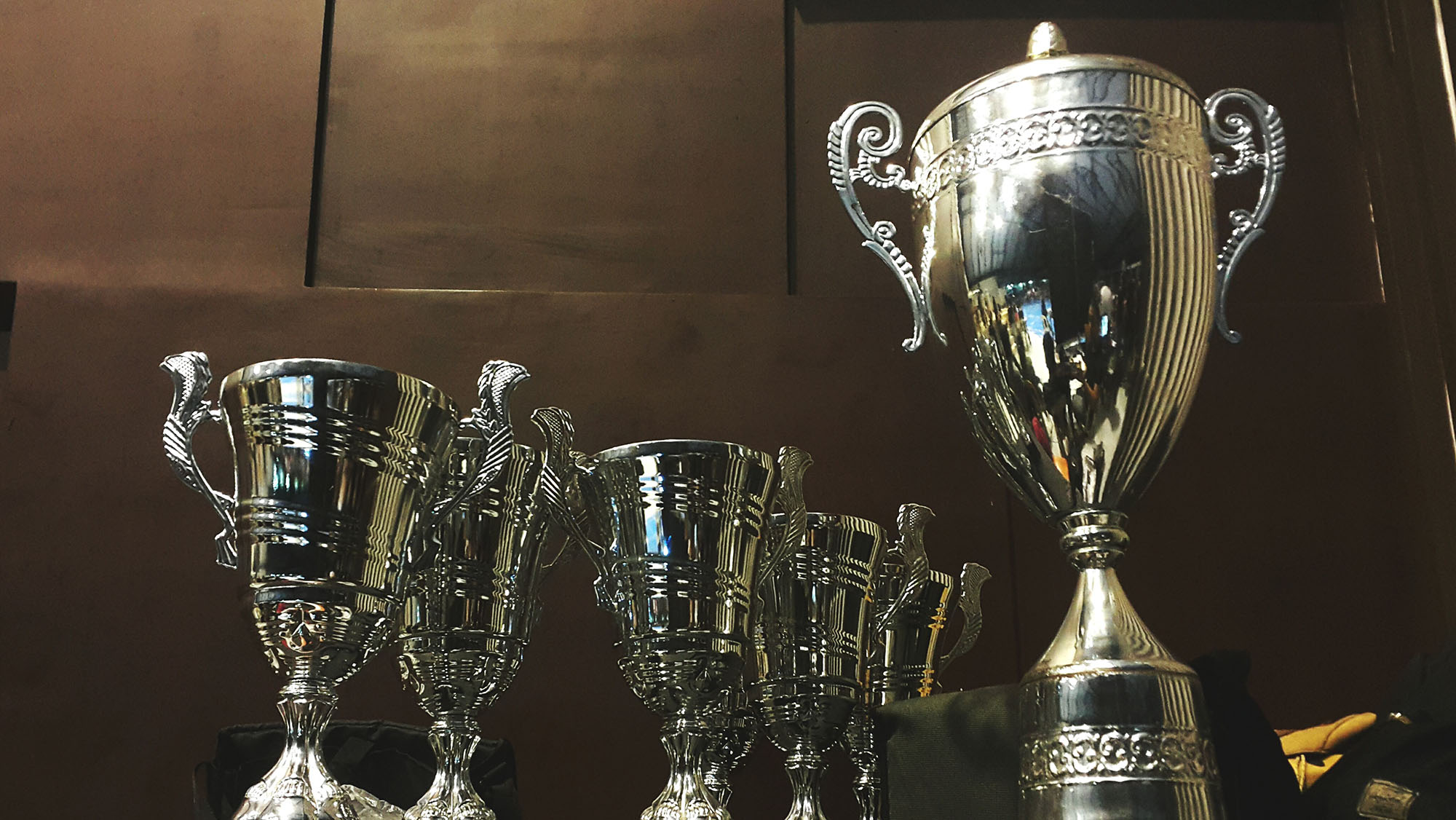 A row of trophies against a wood panel wall
