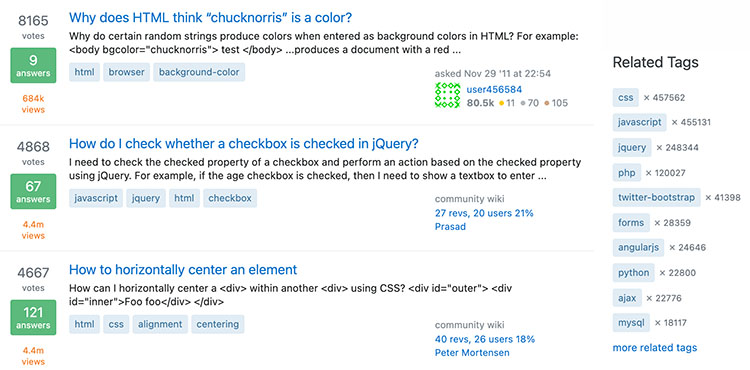 Screenshot of StackOverflow's top-voted questions tagged HTML.