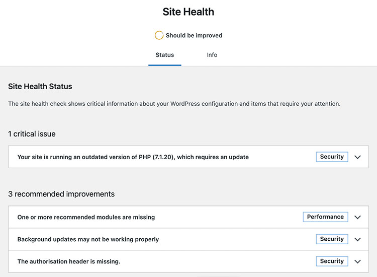 Screenshot of a Site Health check for a WordPress site.