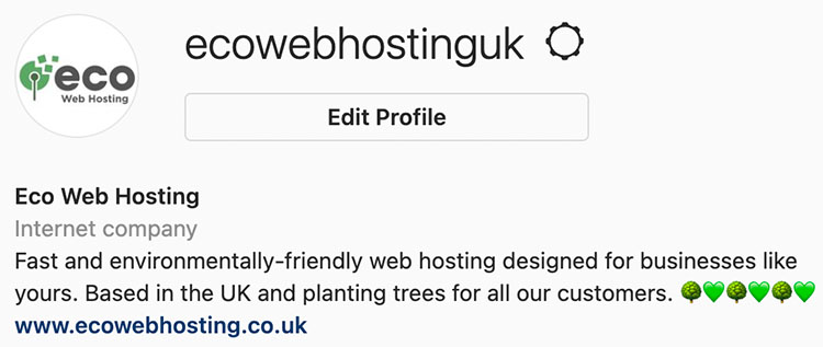 Screenshot of Eco Web Hosting's Instagram profile bio.