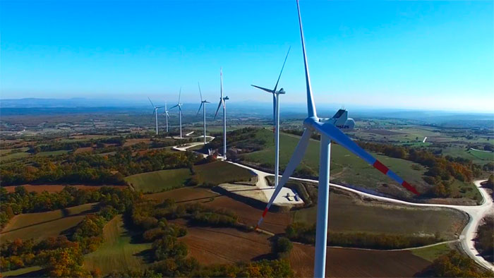 A row of wind turbines in Edirne Turkey.