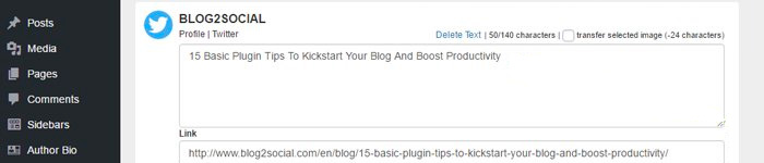 Screenshot of a control panel within the Blog2Social plugin