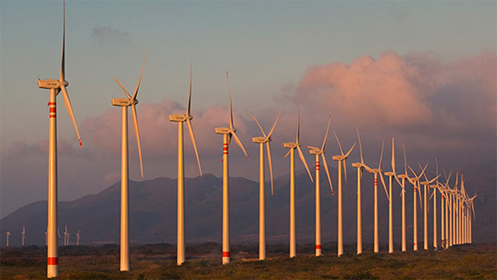 Photograph of turbines in a wind farm in Mexico.