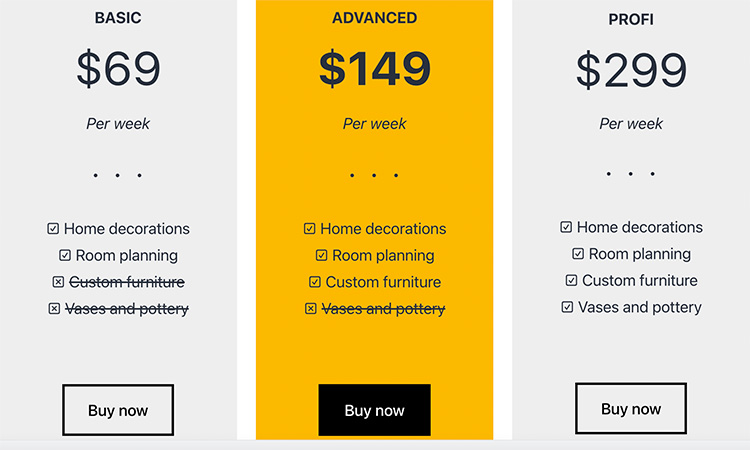 A screenshot of the demo version of the Three Pricing Columns block pattern by Oliver Juhas, showing three columns with prices and details inside. The middle column is a different colour and slightly higher than the other two.