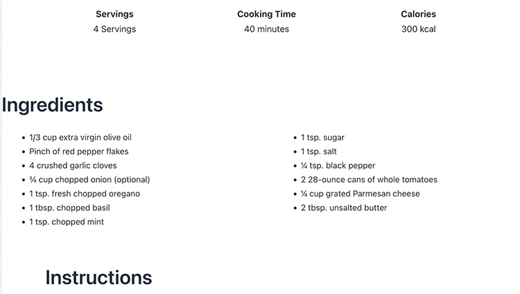 A screenshot of the demo version of the Recipe block pattern by WordPress.org. It is a recipe for a tomato sauce, and includes the ingredients, the number of servings, the cooking time, and the caloric content.
