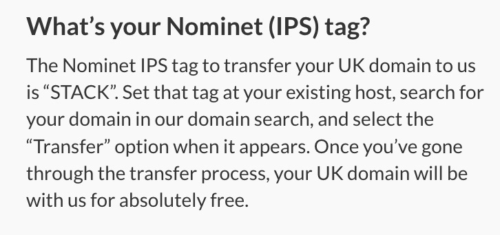 A screenshot of the IPSTAG question in the FAQ section of our Domain Names page.