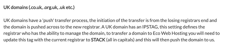 A screenshot of the section on UK domains in the Transferring Your Domain page of our Support Knowledgebase.