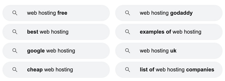 A screenshot of Google's related search terms for the phrase 'web hosting', including 'web hosting free', 'best web hosting', 'web hosting uk', and 'list of web hosting companies'