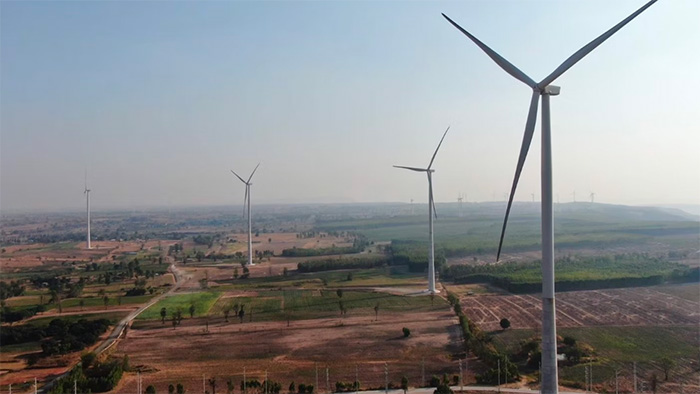 A series of wind turbines in the Nakhonratchasima province of Thailand.