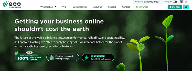 Screenshot of the Eco Web Hosting home page.